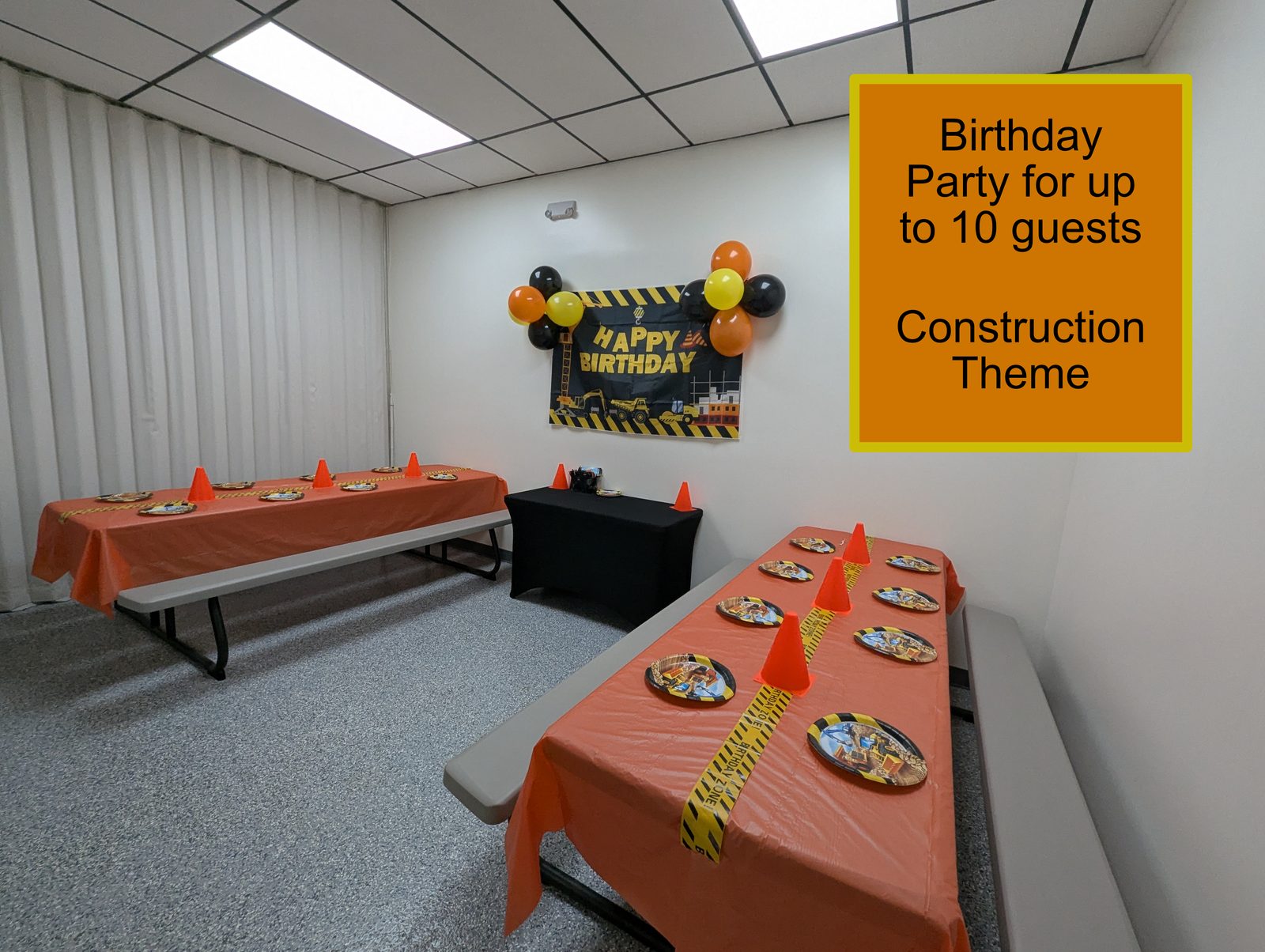 10-kid party setup in the single party room