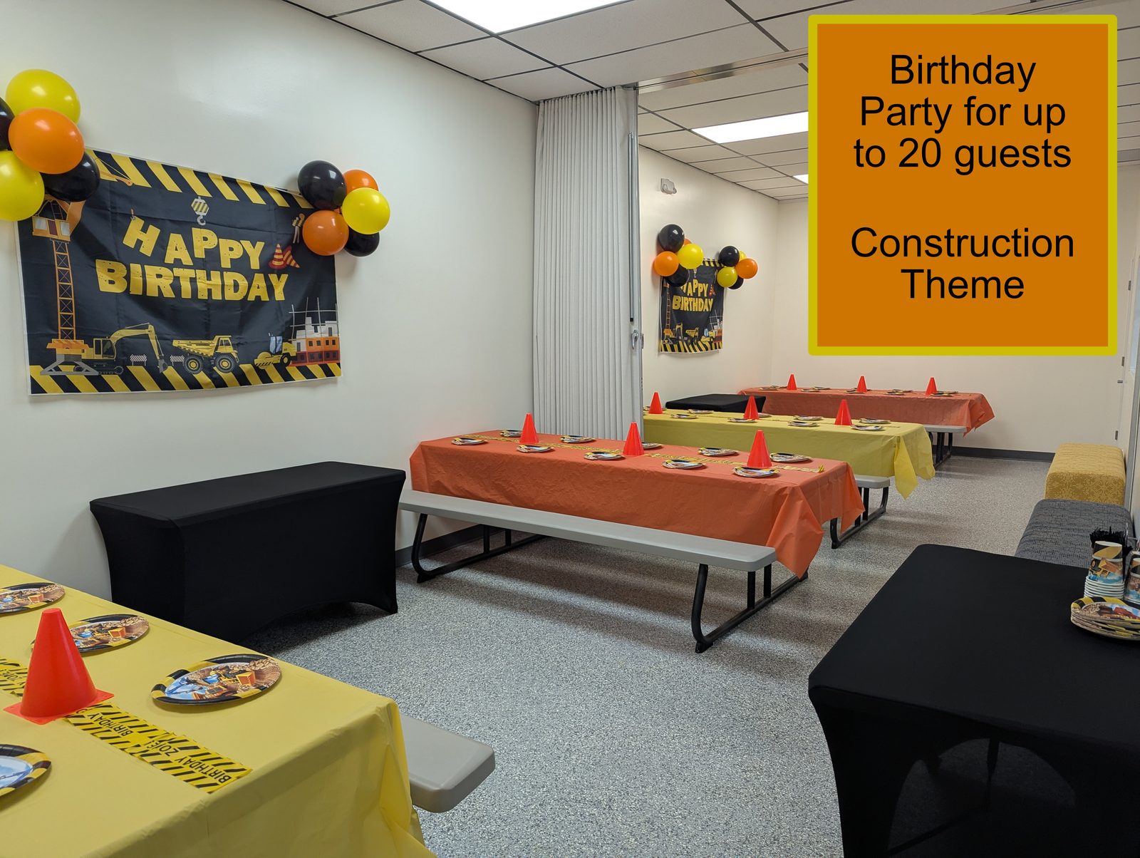 20-kid party setup in the full double party room