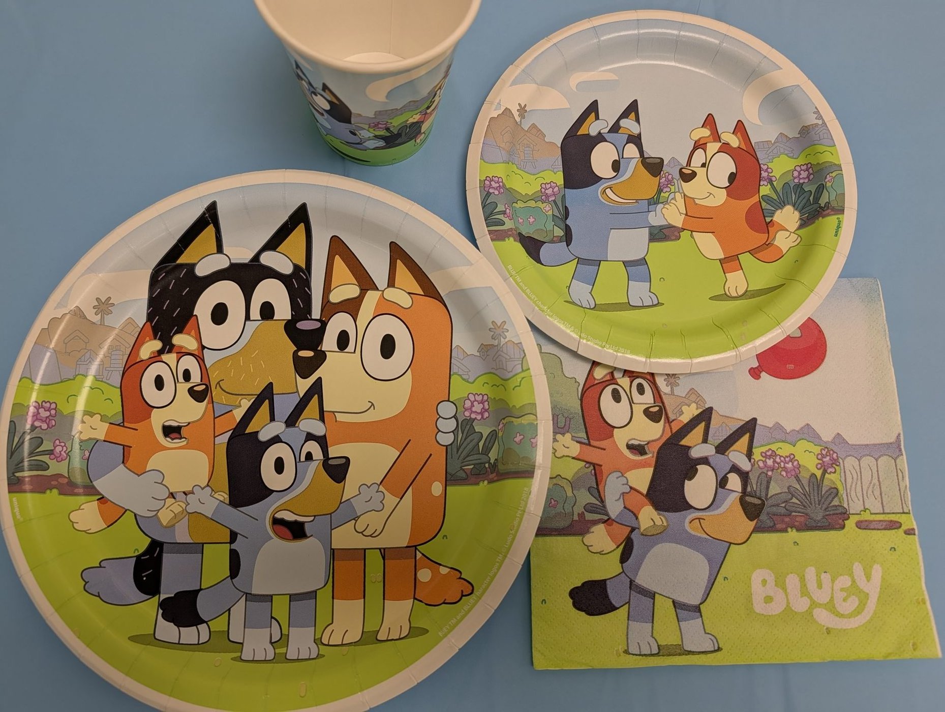 Bluey theme plates, cups, and napkins