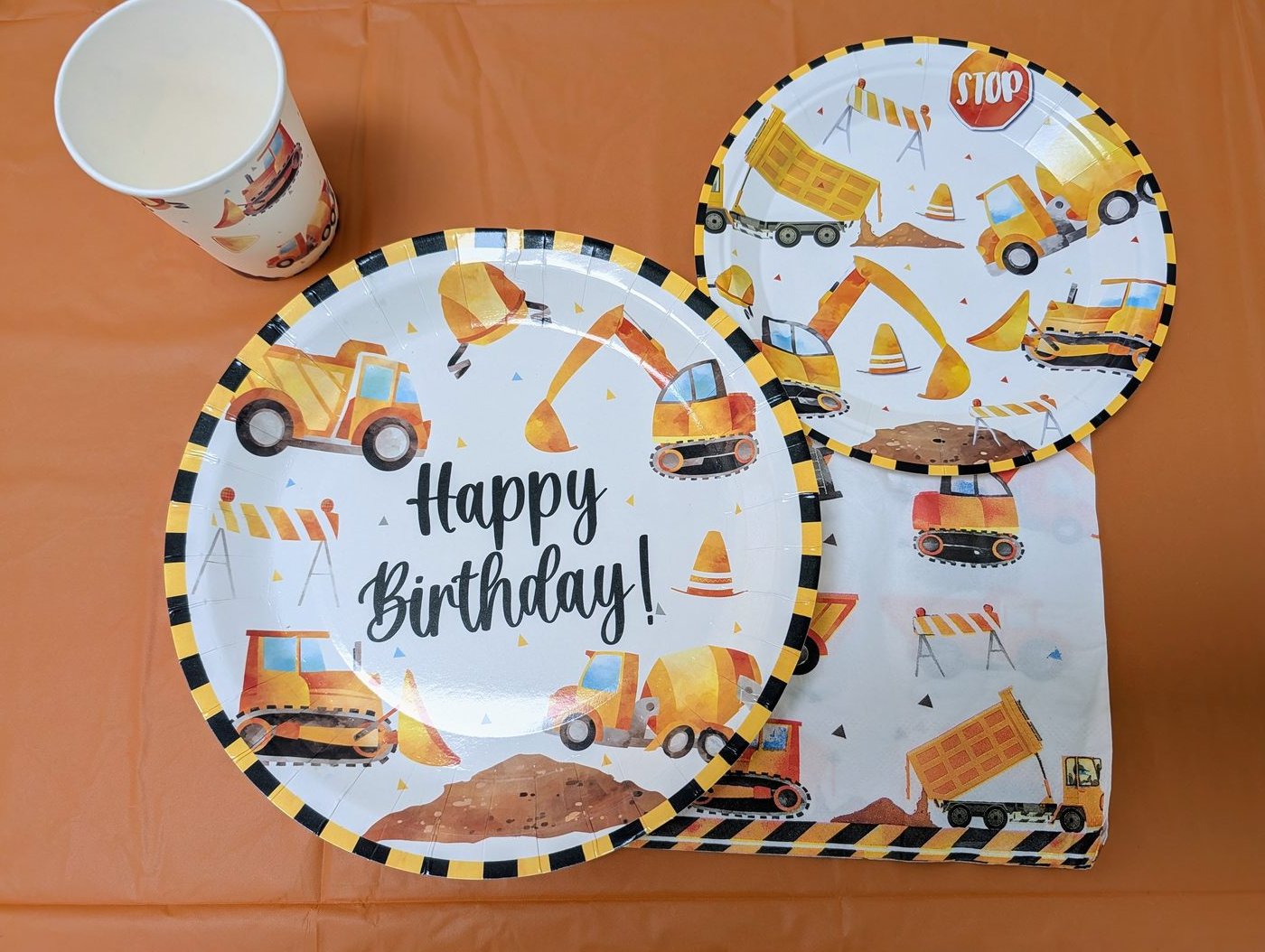 Construction theme plates, cups, and napkins