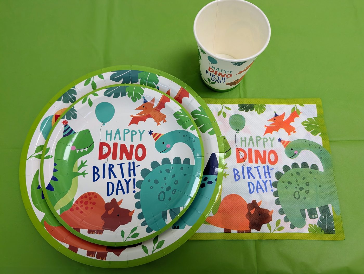 Dinosaur theme plates, cups, and napkins