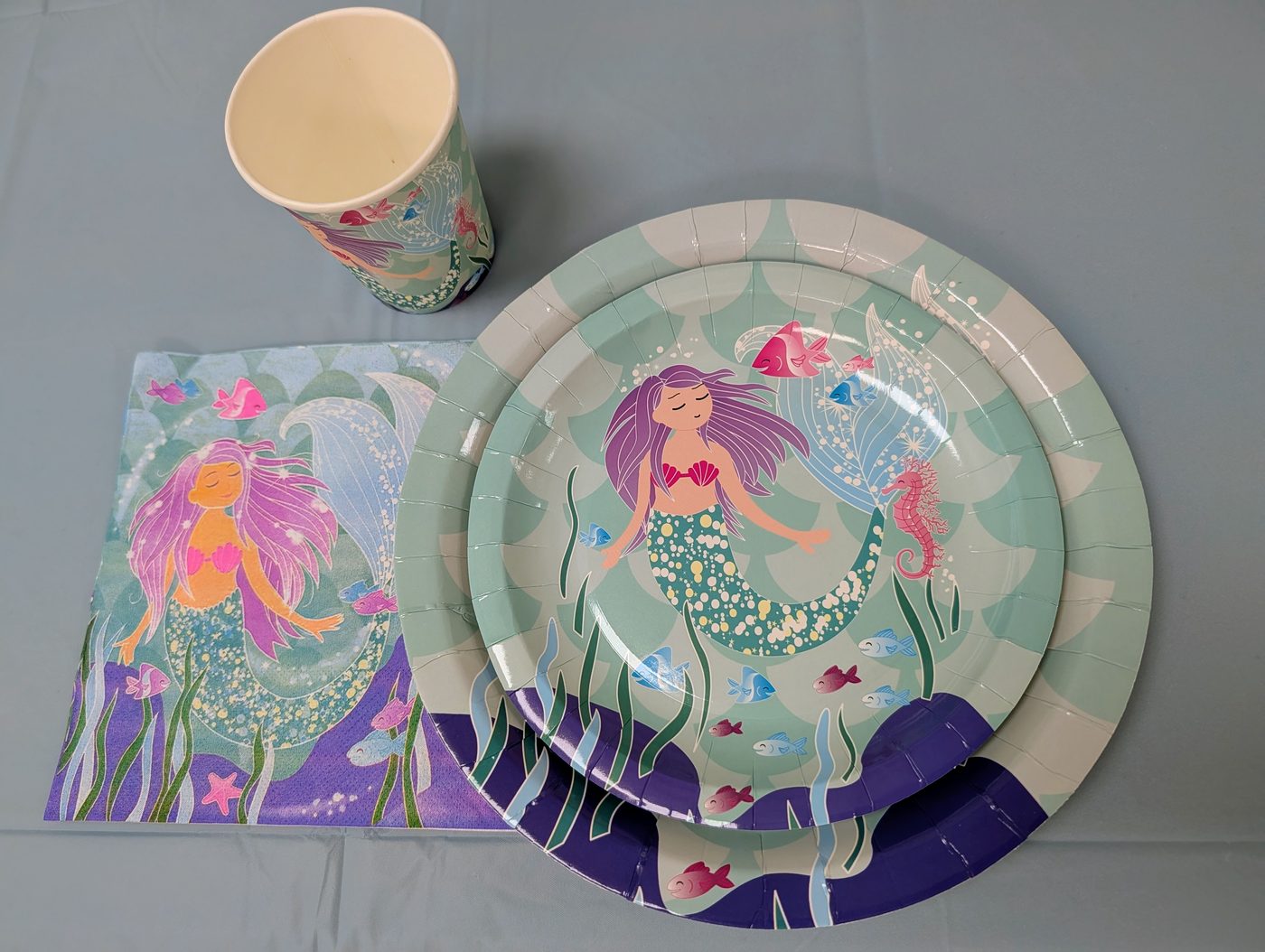 Mermaid theme plates, cups, and napkins