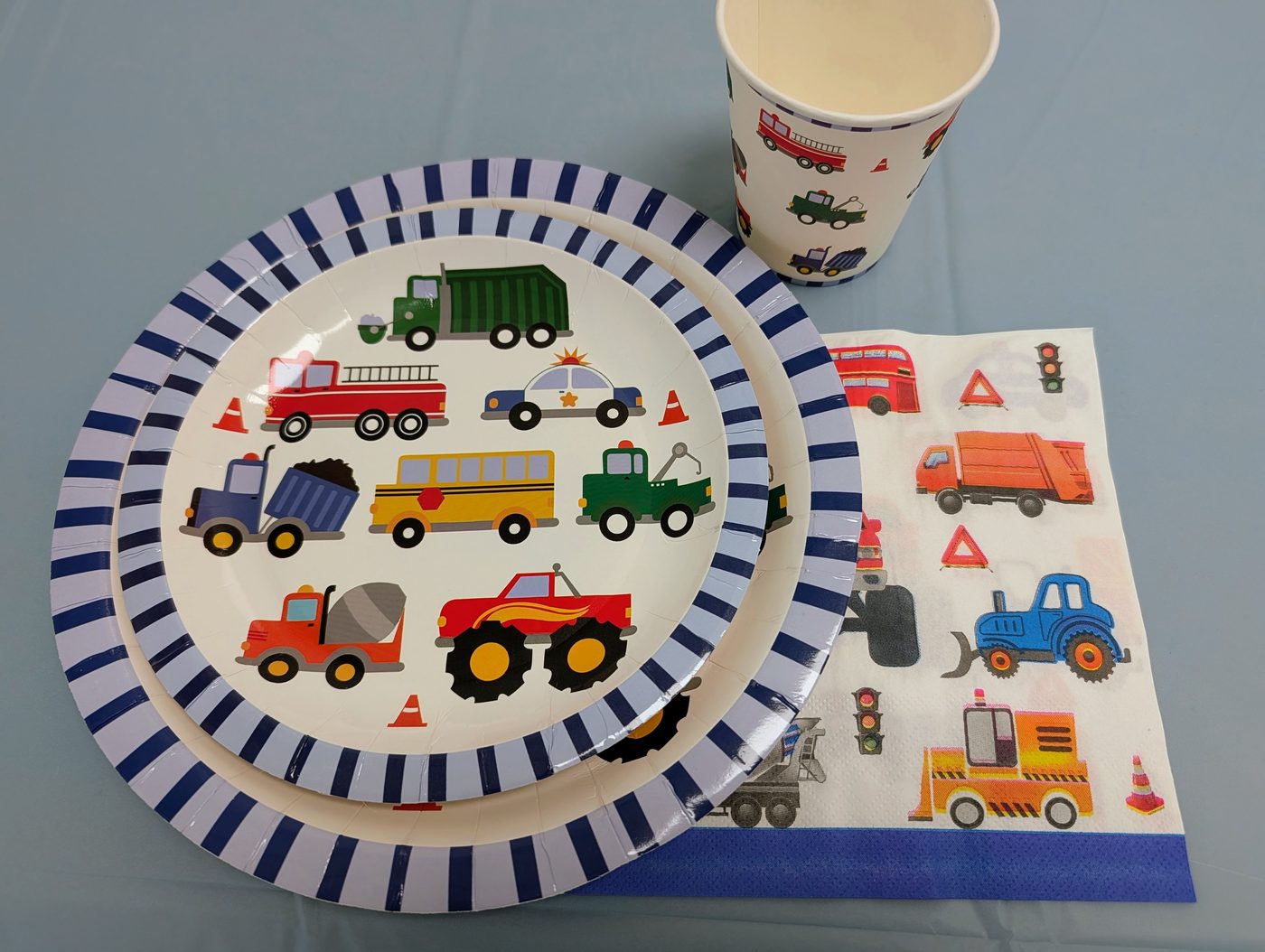 Transportation theme plates, cups, and napkins