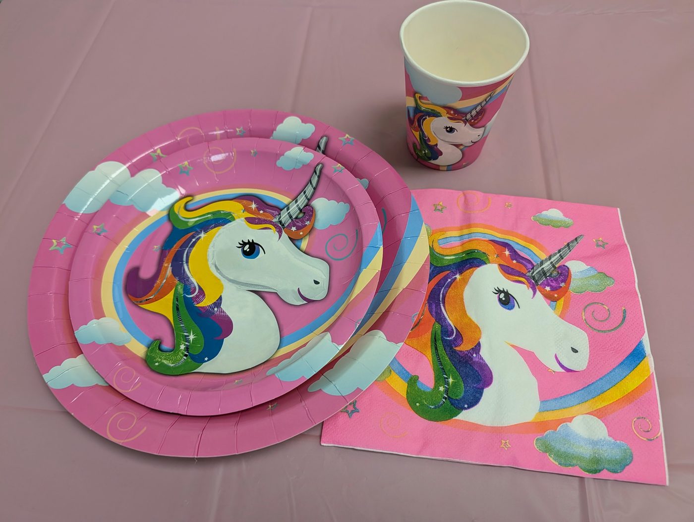 Unicorn theme plates, cups, and napkins