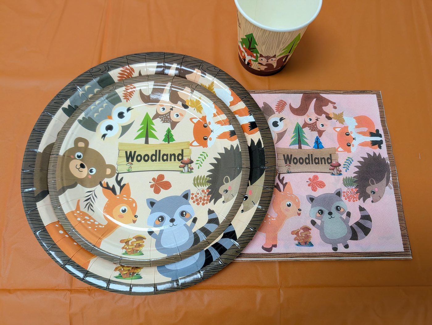 Woodland theme plates, cups, and napkins